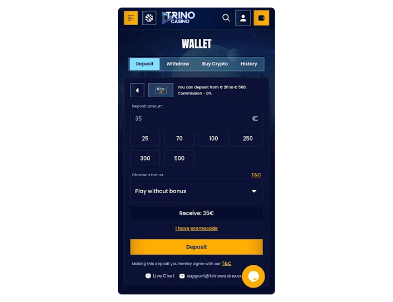 Deposit Page at Trino Casino