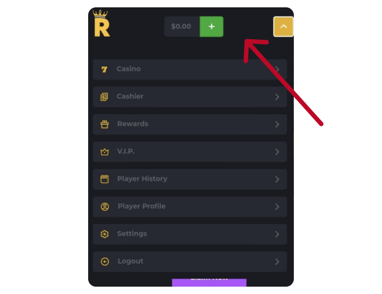 Online casino menu image with an arrow to the deposit button