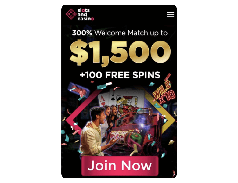 Casino promotional page with Join Now button