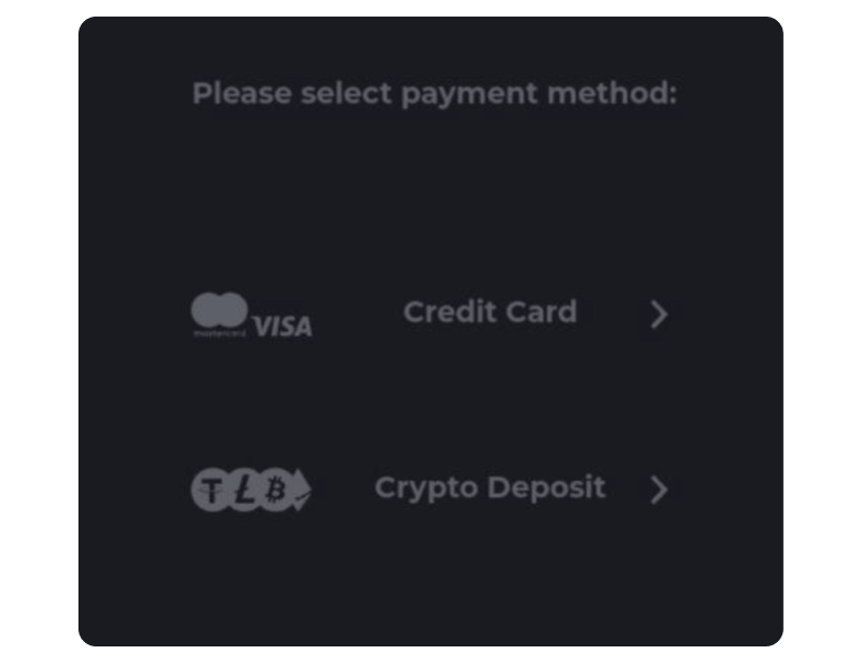 Page for selecting payment methods in casino