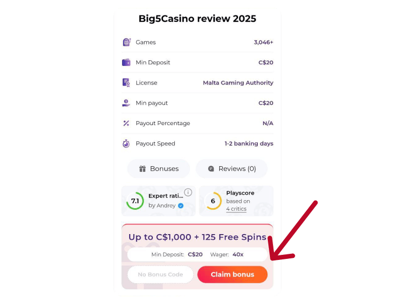 Big5Casino page with a deposit button