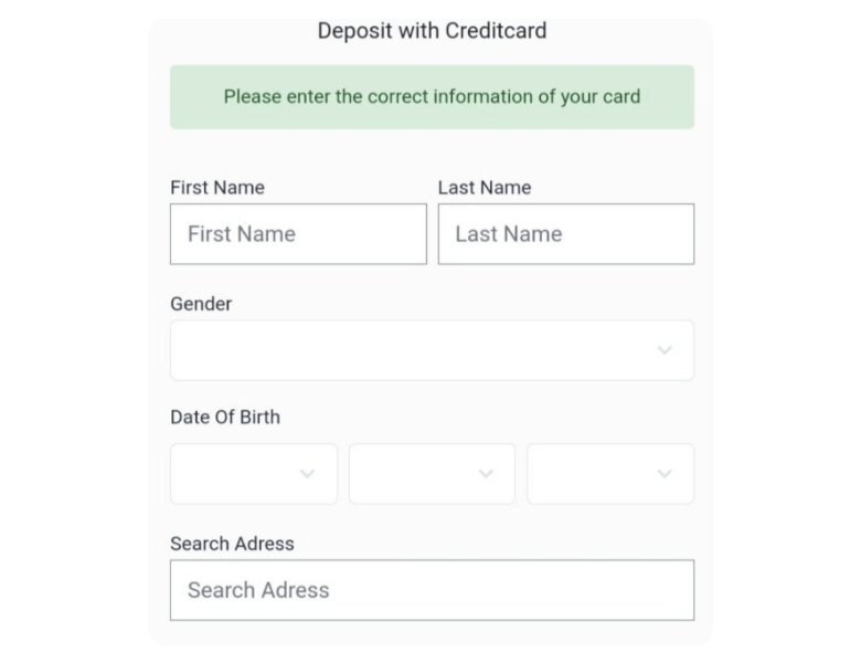 Image of a credit card deposit form for MasterCard Casino