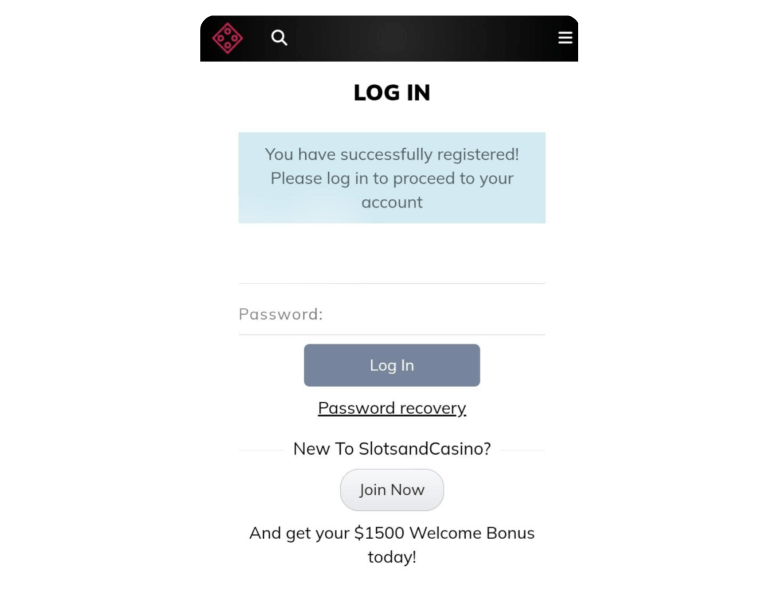 Add a Payment Card Casino Log In page