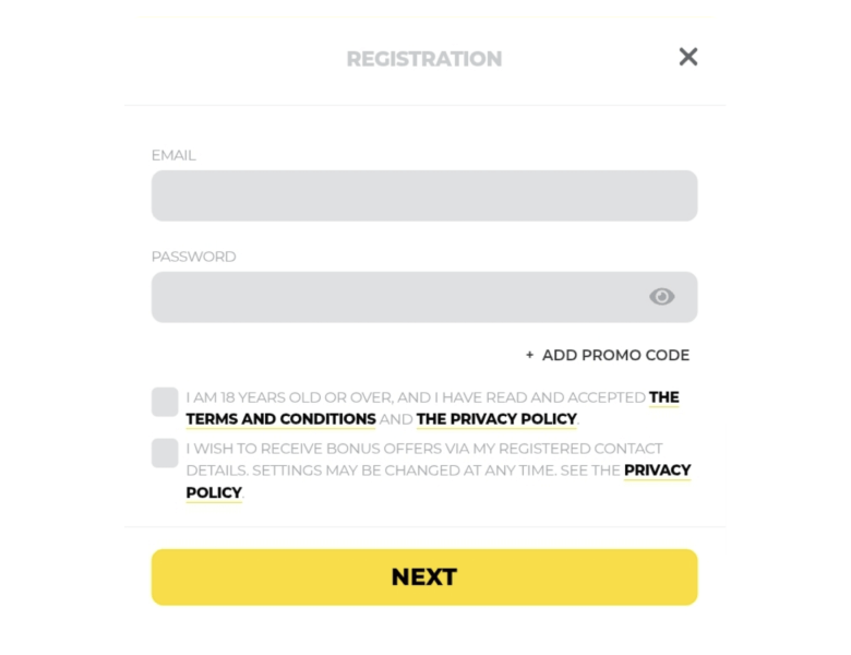 Screenshot of Energy Casino registration form