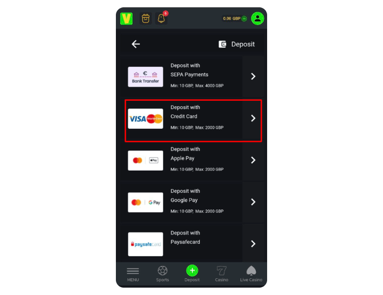 Screenshot of Payments Section in Online Casino