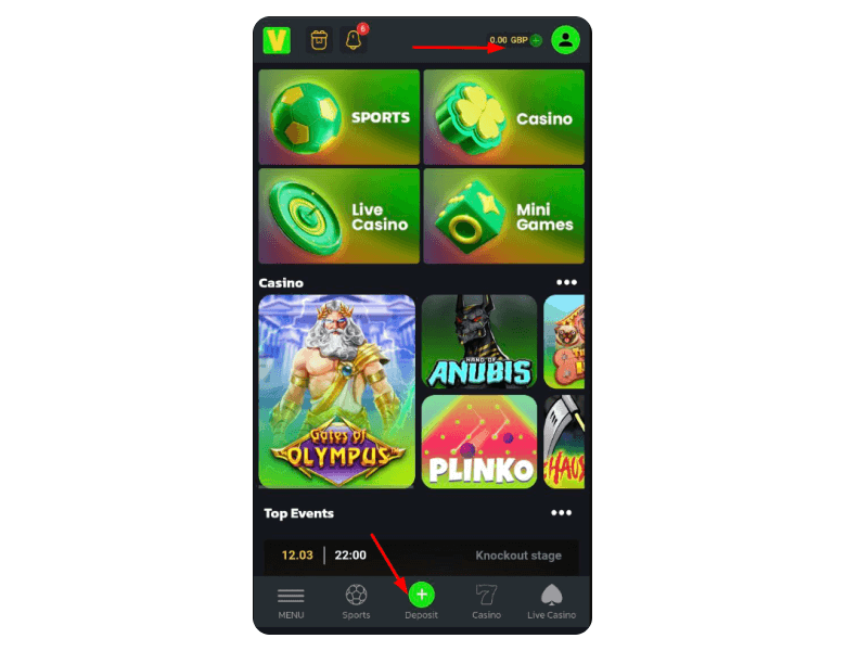 Screenshot of the Velobet casino page, with arrows to the deposit menu