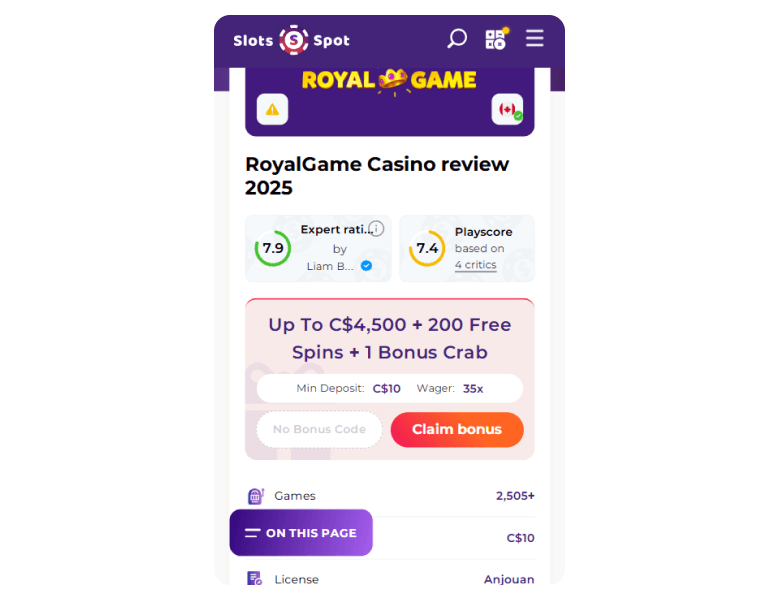 Screenshot of RoyalGame Skrill Casino Info