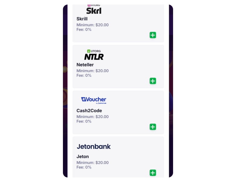 Screenshot of Skrill and the other Payment Methods